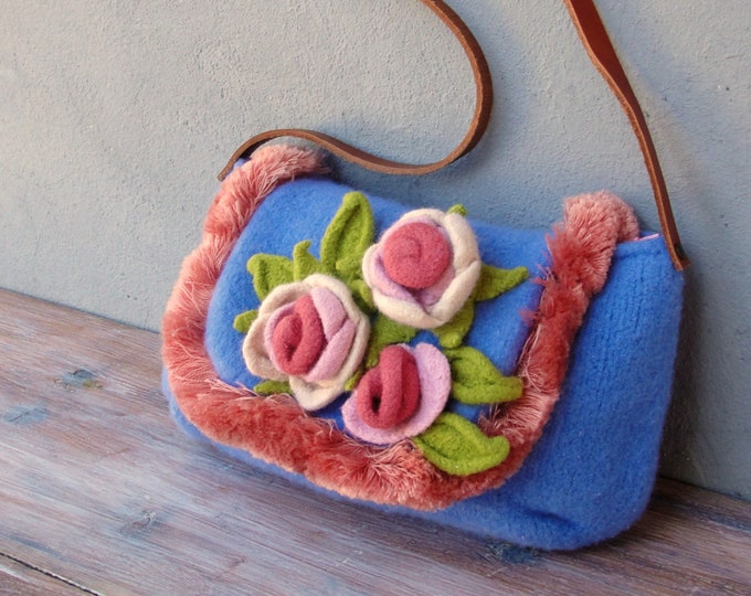 Knitted Felted Wool Bag Kitsch Shabby Chic Rose Floral Purse Etsy
