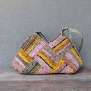 Crocheted Pastel Striped Bag with Leather Strap, Grey, Yellow Pink shades image 1