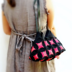 Tribal Geometry Bag - Cathedral Window Quilting and Orinuno with Antique Ikat and upcycled Leather