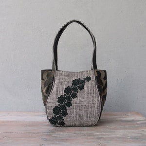 Abbey Road Shoulder Bag. Leather Straps. Black and White, Lace and Stripes