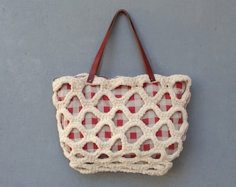 Gingham Crocheted Bag, Red and Cream with Leather Straps, Large Shoulder Bag