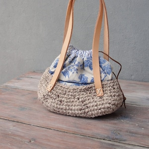 Bird's Nest Bag Antique Fabric, Leather Handles and Crochet image 2