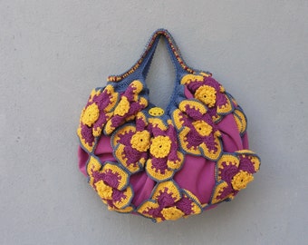 Flower Power Bag, Hand Crocheted Boho Bag Happy Sunny Handbag