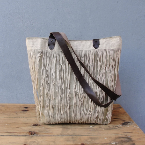 Large Linen Leather Tote - Natural Tribal Bohemian