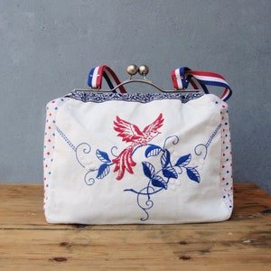Bird of Freedom Bag Vintage Embroidery, Linen, Hand Woven Fabric, Kiss-lock image 1