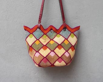 Knitted Felted Wool Bag Geometric Fun, Checked Purse