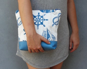 Nautical Clutch with Leather, Digital Print Sailboats, Anchor Sailor Pouch