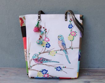 Embroidered Bird Tote Leather Buddy Birds Tote Colorful Bohemian Bag with Love Birds