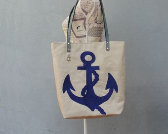 Nautical Anchor Tote, Beach Bag, Linen Embroidered Beach Tote Natural Linen with Leather Bag