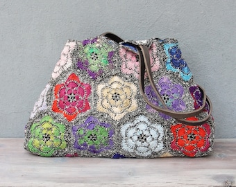 Crochet Floral Bag, Kaleidoscope Hobo Bag Crocheted Flowers, Colorful Boho Purse