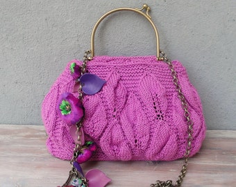 Knitted Purple Bag, Hand Knitted Bohemian Purse, Flowers, Leaves and Beads, Little Bag, Chain Strap, Kiss-lock