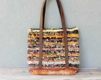 Bohemian Knitted Bag, Knitted Zero Waste Fabric Tote Bag made with Vintage Fabrics, Boho Leather Bag