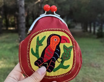 Leather Bird Wallet Kiss lock Wallet Mola Applique Red Leather