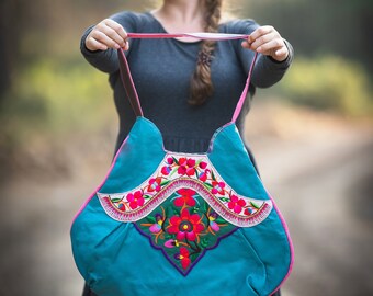 Vintage Embroidery and Leather Bag - Large Teal Boho Purse