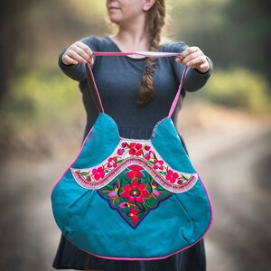 Vintage Embroidery and Leather Bag - Large Teal Boho Purse