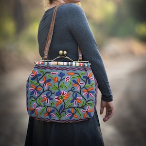Boho Floral Bag, Vintage Embroidery, Leather, Linen, Kiss-lock, Colorful Bag image 1