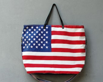 American Flag Weekend Bag, Weekender, Patriotic Carry-all, Americana, Blue, Red, White, Leather, Hand Luggage