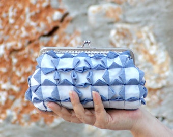 Cubes Clutch Purse - Smocked Gingham Denim Blue and White