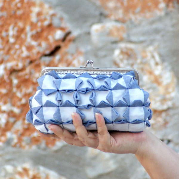Cubes Clutch Purse - Smocked Gingham Denim Blue and White