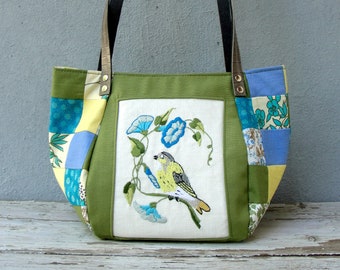 Woodland Bird Bag - Golden Oriole, Vintage Embroidery, Blue Green Colors, Patchwork and Leather Bag.
