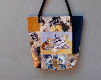 Embroidered Patchwork Tote, Three Kittens drinking milk, Cats Leather Embroidery Tote Colorful Bohemian Floral Bag with Rabbits