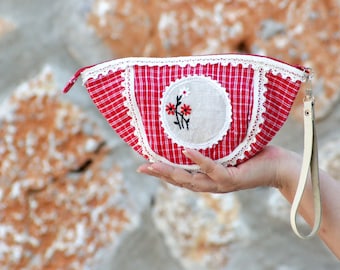 Red Plaid Pouch - Leather,  Vintage Embroidery Doily and Fabric - Lost Memories