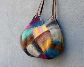 Knitted Felted Wool Bag Ombre Rainbow Checked Felt Purse