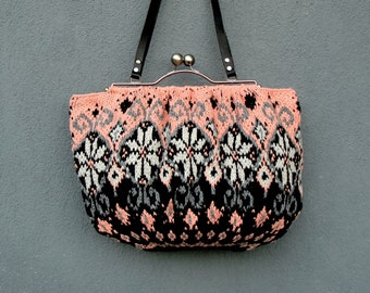 Knitted Floral Pink Black Bag, Hand Knitted Bohemian Purse, Large Bag, Leather Straps, Kiss-lock