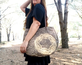 Large Linen Bag with Lace, Linen, Nostalgia, Quilted, Vintage Doily, Leather