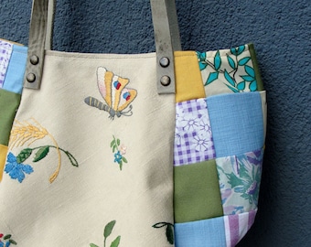 Butterfly and Flowers Bag, Vintage Embroidery, Blue, Yellow and Green Patchwork and Leather Bag.