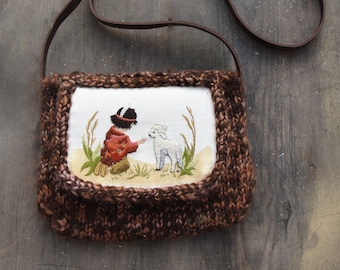 Brown Knitted Purse with Vintage Embroidery and Leather Strap