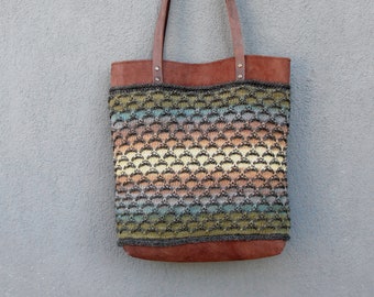 Knitted Leather Bag, Bauhaus Knitted Rainbow Leather Tote Bag Geometric Patterns, Boho Leather Bag