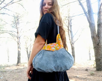 Leather and Vintage Velvet Bag Blue and Orange Tangerine