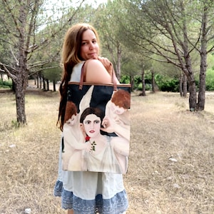 Bolsa de pintura al óleo Tote grande de cuero - Real Pintura al óleo Mujer con ángeles con detalles de cuero