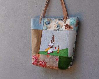 Embroidered Patchwork Tote, Bunny Papa with Baby Bunny Leather Embroidery Tote Colorful Bohemian Floral Bag with Rabbits