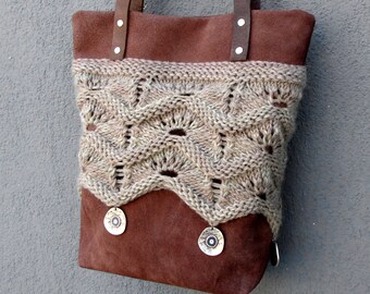 Knitted Leather Bag, Evil Eye Bag, Leather Tote Bag, Boho Leather Bag, Wiccan Protection Bag