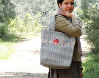 Stripes and Flowers Tote Ticking and Applique