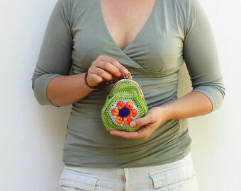 Green Wallet, Flower Power Wallet Pouch Crocheted Purse Hands-free Clutch