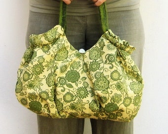 Green Floral Bag, Vintage Fabric and Felt Straps, Retro Grass