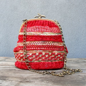 Red Striped Pouch Purse Hand knitted with Chain and Leather