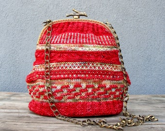 Red Striped Pouch Purse Hand knitted with Chain and Leather