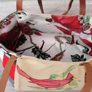 Woodland Bird Bag Vintage Embroidery and Patchwork with Leather Straps image 2