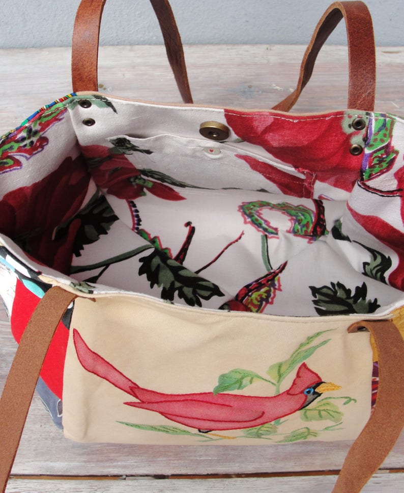 Woodland Bird Bag Vintage Embroidery and Patchwork with Leather Straps image 2