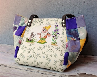 Fairy tale Bag - Snow White and the Seven Dwarfs - Vintage Embroidery, Purple Green, Patchwork and Leather Bag