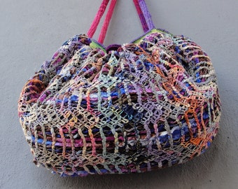 Happy Hobo Bag Knit fabric and crochet details, Multicolor Rainbow Purse