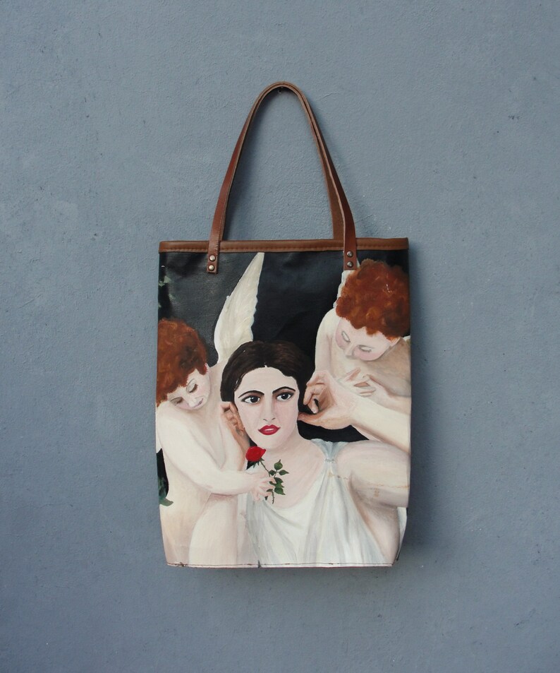 Oil Painting Bag Large Leather Tote Real Oil Painting Woman Etsy