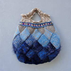 Ombre Knitted Bag, Soft Ocean Colors Bohemian Bag, Dark Blue, Light Blue and Sand Color