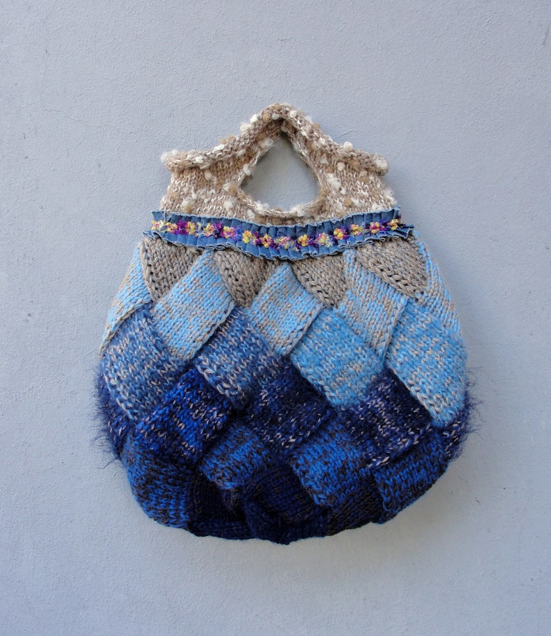 Ombre Knitted Bag, Soft Ocean Colors Bohemian Bag, Dark Blue, Light Blue and Sand Color image 1