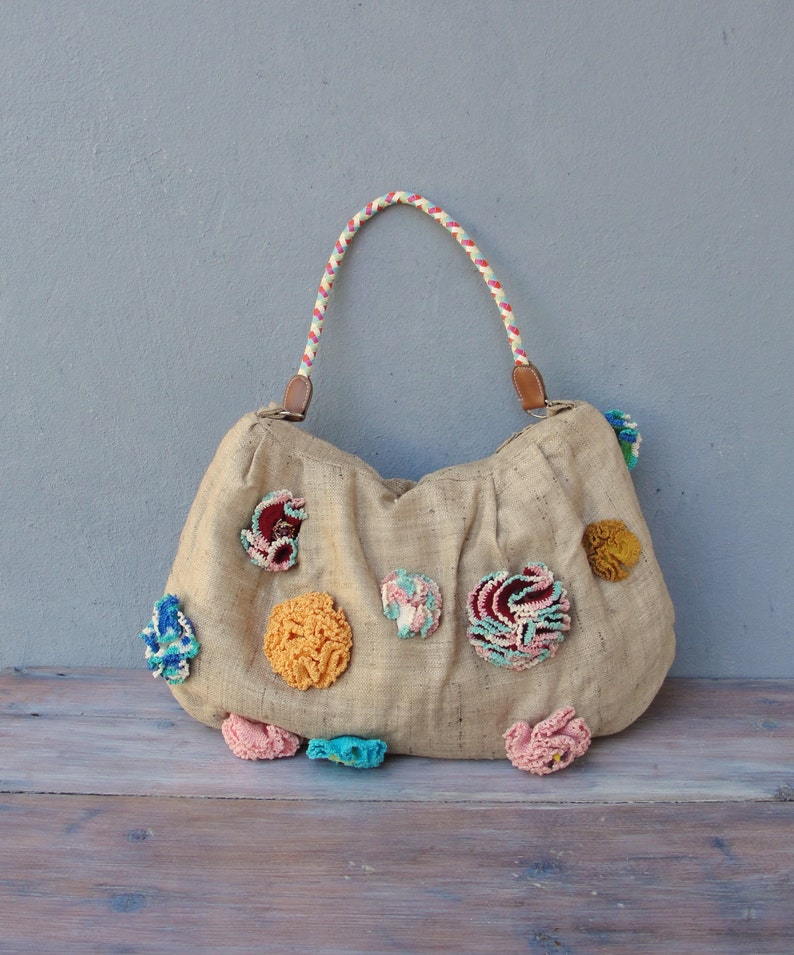Bohemian Flower Purse Linen and Crocheted Flowers Bag image 3