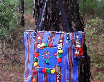 Bohemian Pompom Bag, Handwoven Folklore Tote, Kuchi Charms, Vintage Fabrics, Blue bag